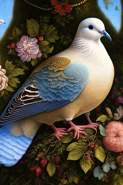 a dove with a human face is siting on a magic tree