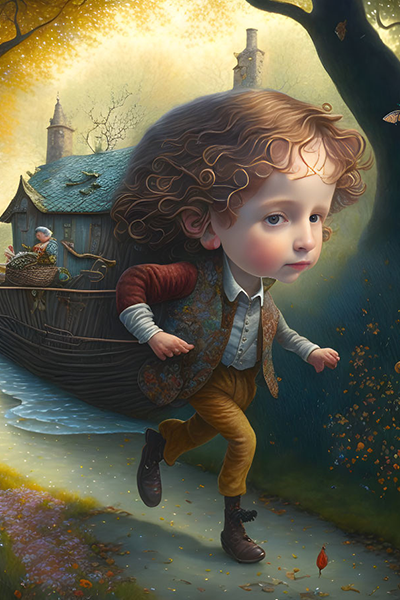 A boat is chasing a boy who is running away on an alley of old trees and flowers, by Jacek Yerka, Catherine Abel, Beatrix Potter